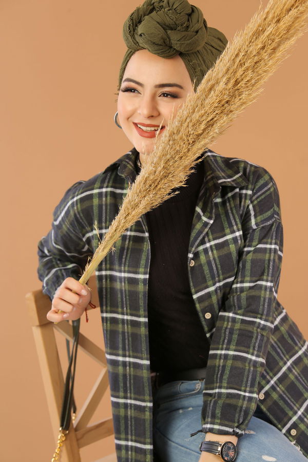 Düz Orta Kadın Siyah Ekose Tunik İpli Siyah Haki - 7932 - 7932 SİYAH