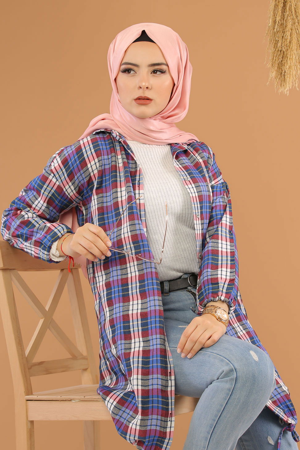 Düz Orta Kadın Mavi Ekose Tunik İpli Saks Ekru  - 8127