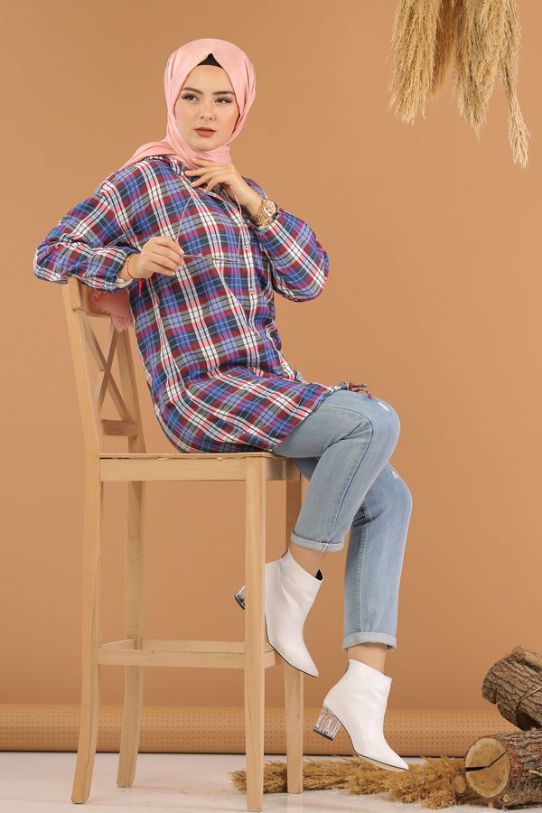Düz Orta Kadın Mavi Ekose Tunik İpli Saks Ekru  - 8127