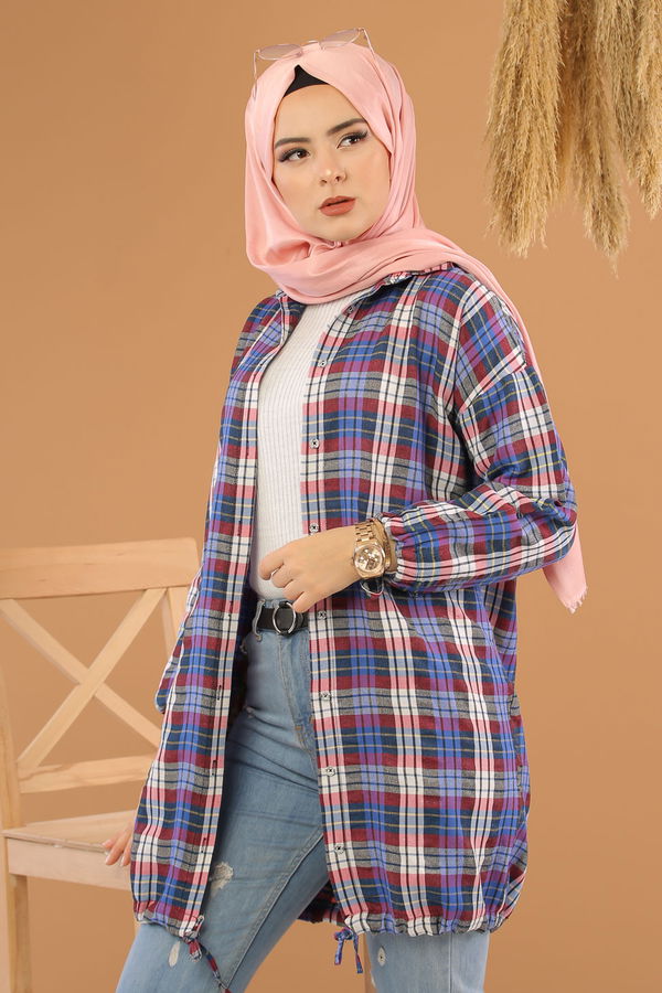 Düz Orta Kadın Mavi Ekose Tunik İpli Saks Ekru  - 8127