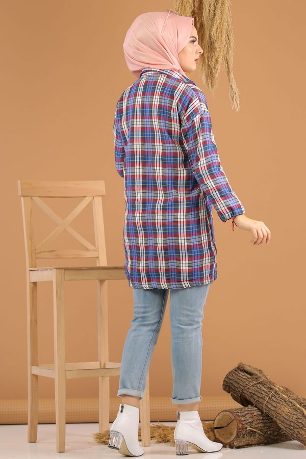 Düz Orta Kadın Mavi Ekose Tunik İpli Saks Ekru  - 8127