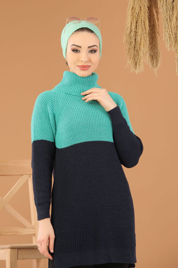 Düz Orta Kadın Lacivert Bogazlı Triko Tunik Siyah  - 8259