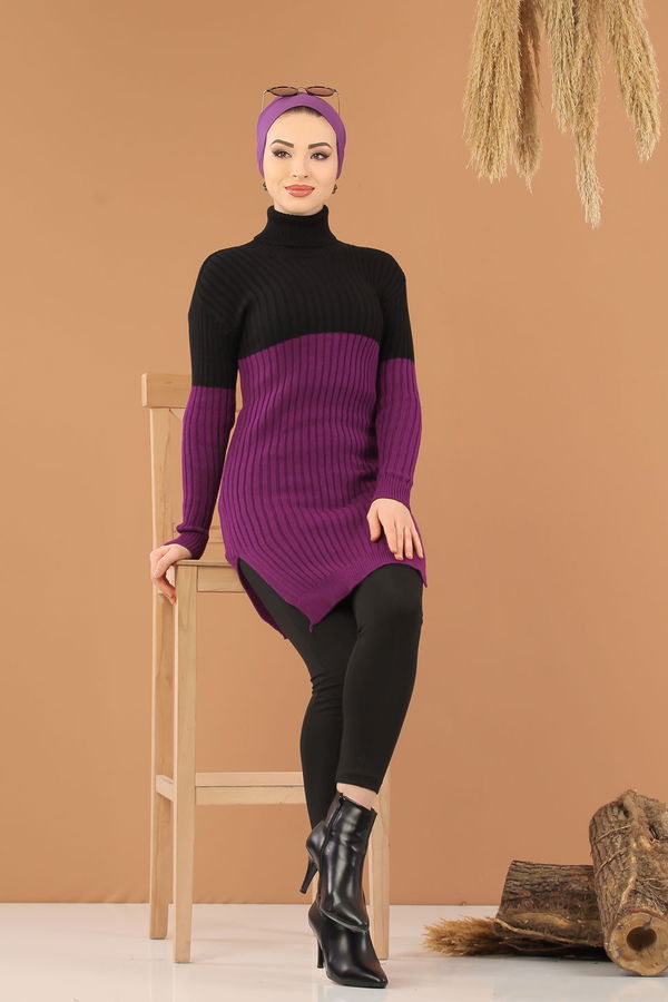 Düz Orta Kadın Mor Bogazlı Triko Tunik Haki Siyah  - 8274