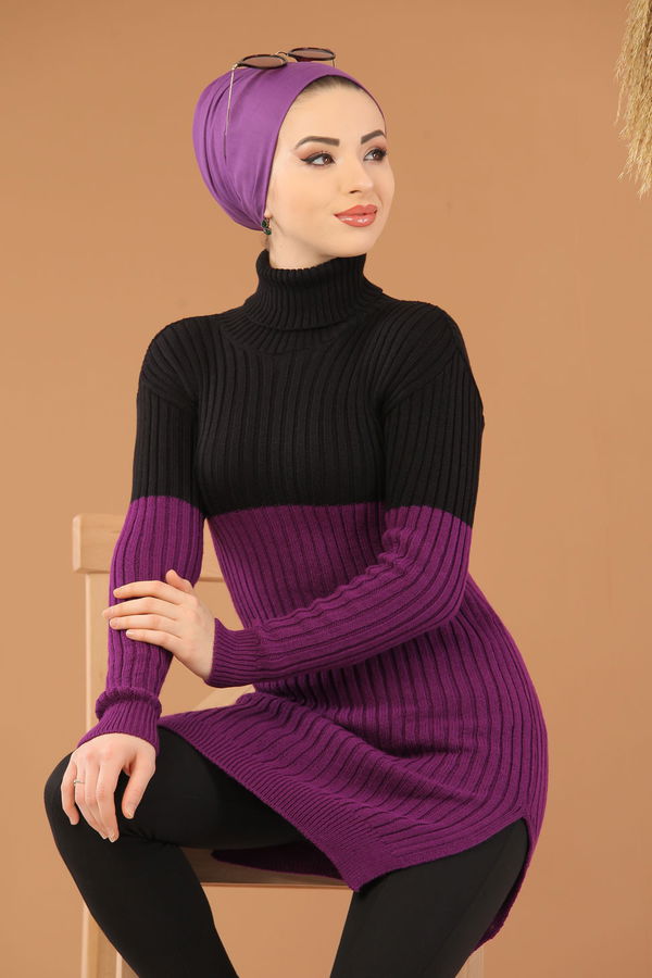 Düz Orta Kadın Mor Bogazlı Triko Tunik Haki Siyah  - 8274
