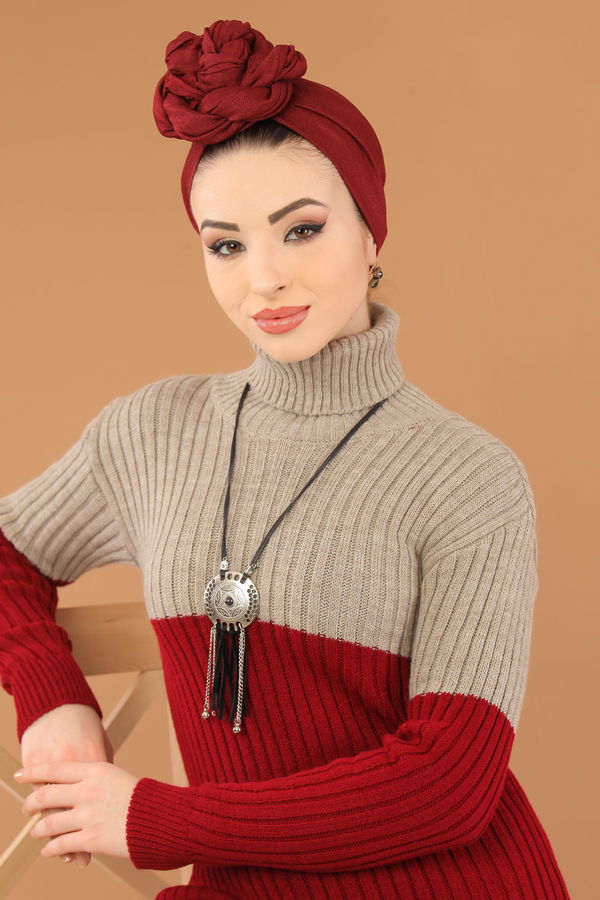 Düz Orta Kadın Bordo Bogazlı Triko Tunik Haki Siyah  - 8274