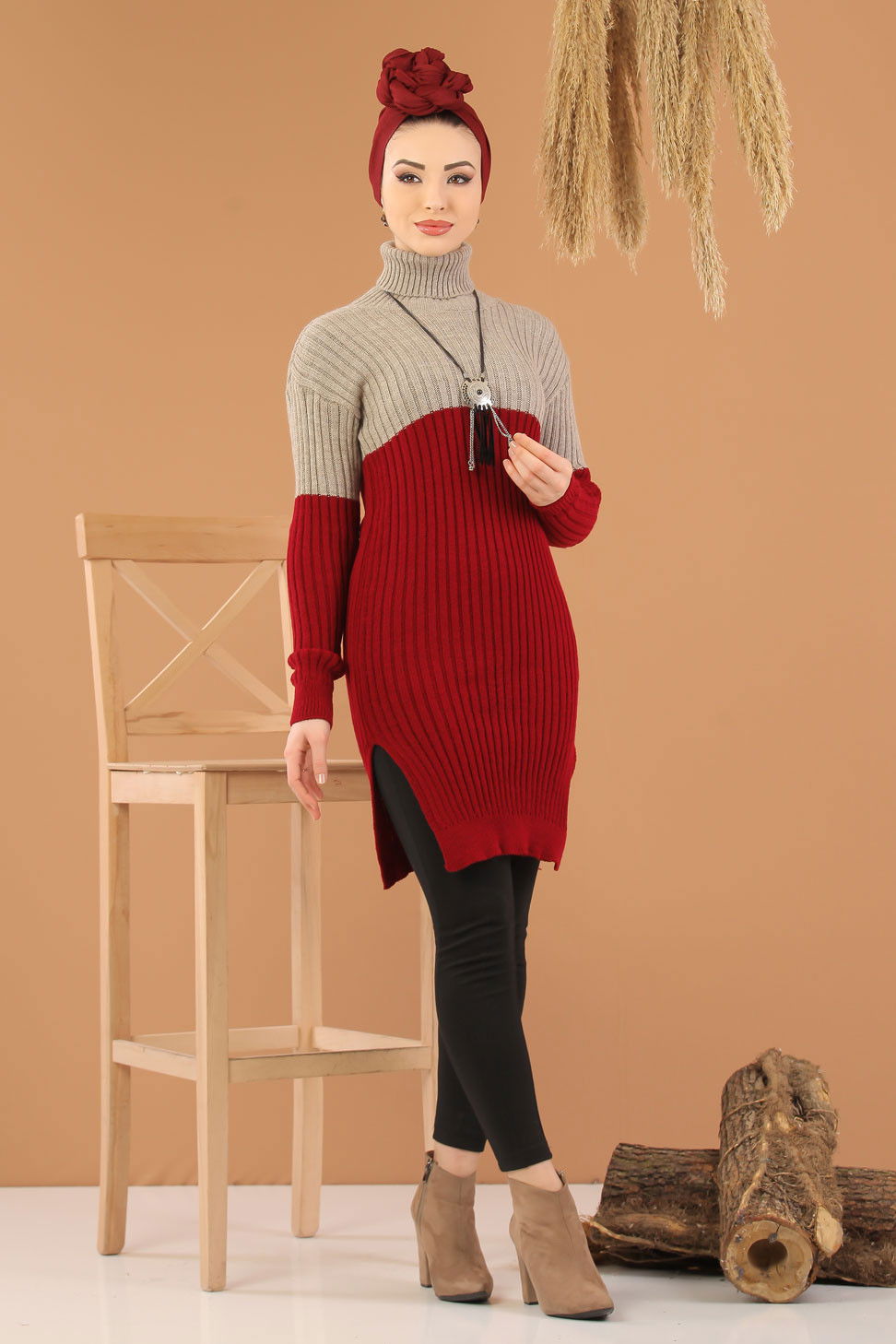 Düz Orta Kadın Bordo Bogazlı Triko Tunik Haki Siyah  - 8274