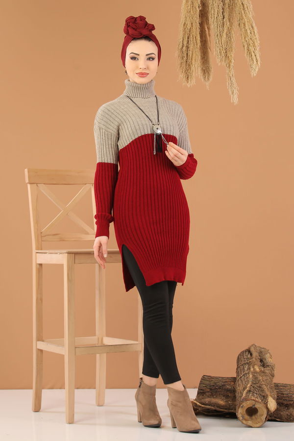 Düz Orta Kadın Bordo Bogazlı Triko Tunik Haki Siyah  - 8274