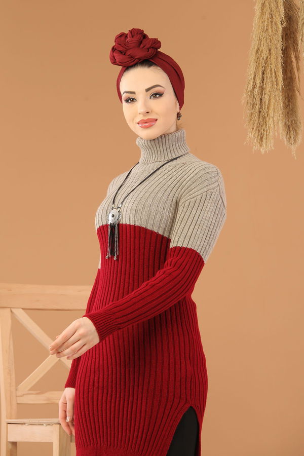 Düz Orta Kadın Bordo Bogazlı Triko Tunik Haki Siyah  - 8274