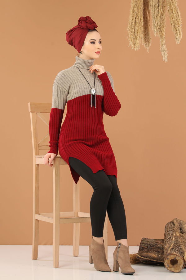 Düz Orta Kadın Bordo Bogazlı Triko Tunik Haki Siyah  - 8274