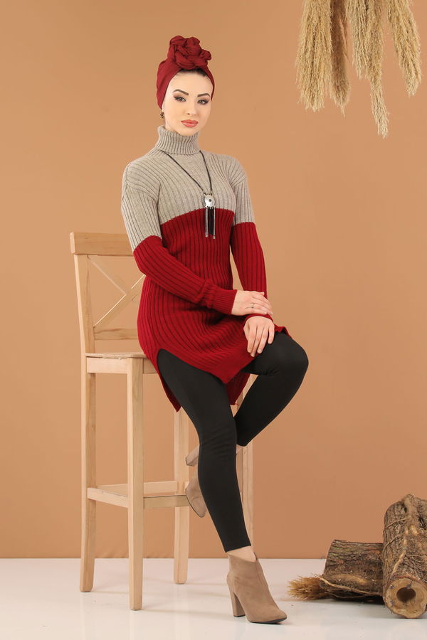 Düz Orta Kadın Bordo Bogazlı Triko Tunik Haki Siyah  - 8274