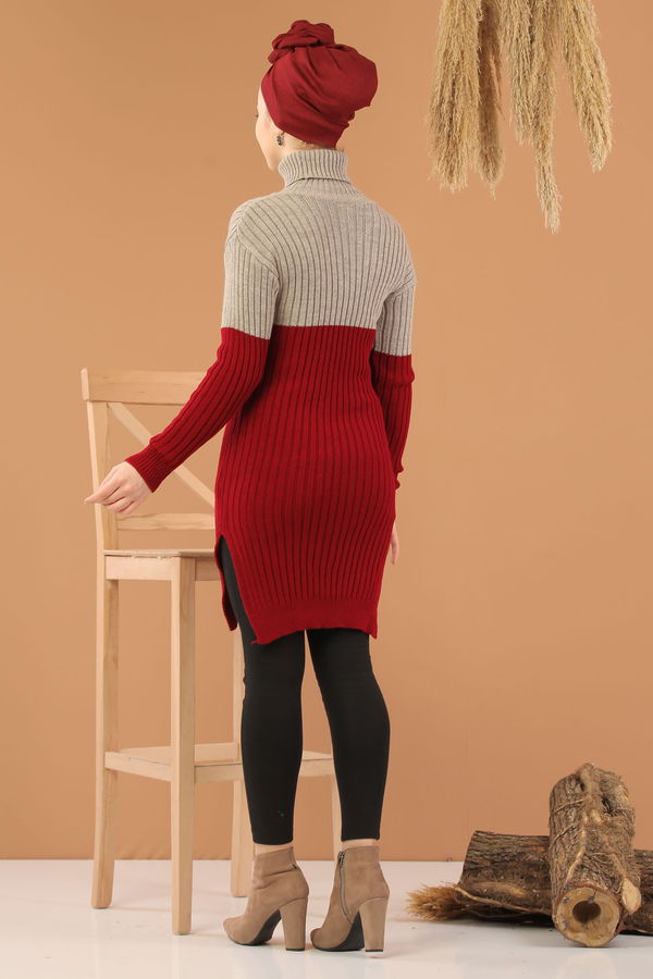 Düz Orta Kadın Bordo Bogazlı Triko Tunik Haki Siyah  - 8274