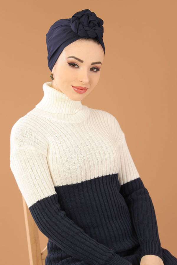Düz Orta Kadın Lacivert Bogazlı Triko Tunik Haki Siyah  - 8274