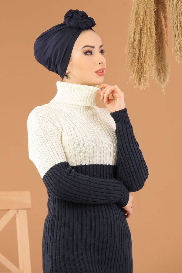 Düz Orta Kadın Lacivert Bogazlı Triko Tunik Haki Siyah  - 8274
