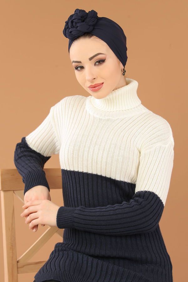Düz Orta Kadın Lacivert Bogazlı Triko Tunik Haki Siyah  - 8274