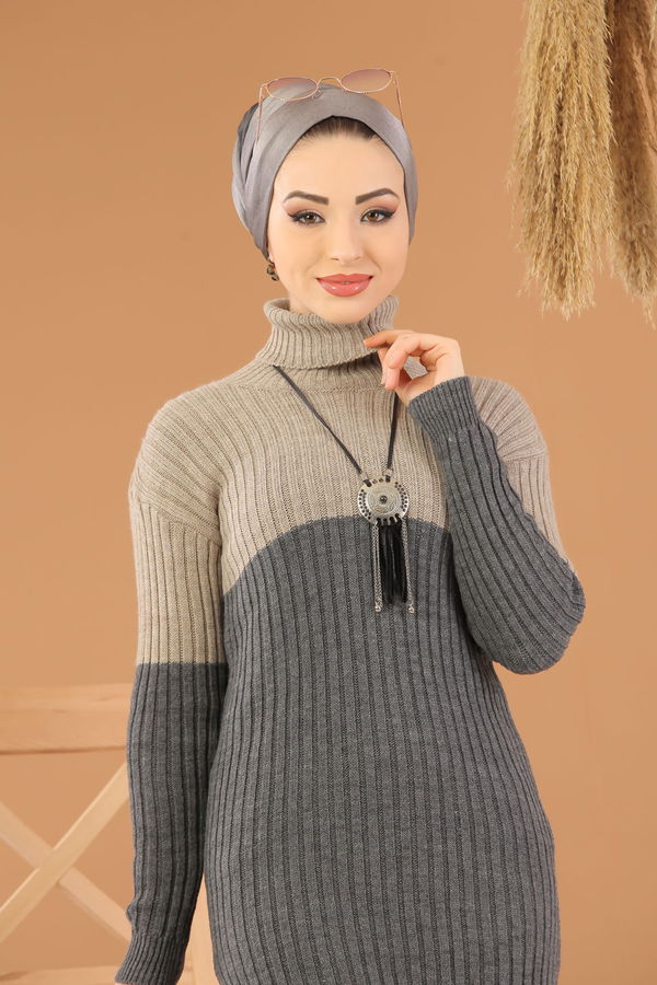 Düz Orta Kadın Antrasit Bogazlı Triko Tunik Haki Siyah  - 8274