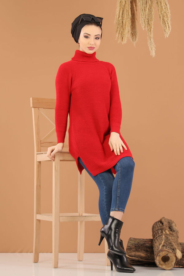 Düz Orta Kadın Kırmızı Triko Tunik Siyah  - 8144 Kırmızı