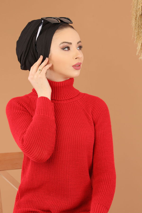 Düz Orta Kadın Kırmızı Triko Tunik Siyah  - 8144 Kırmızı