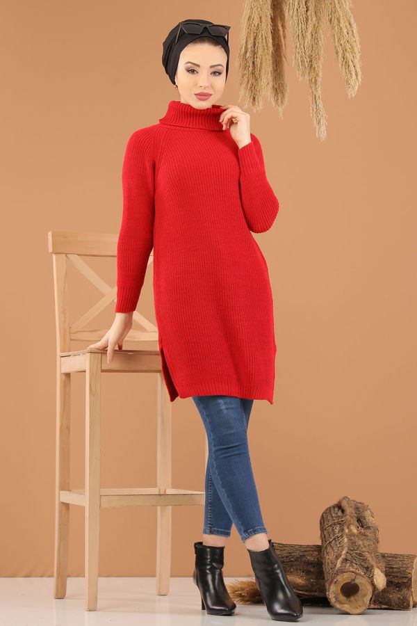 Düz Orta Kadın Kırmızı Triko Tunik Siyah  - 8144 Kırmızı