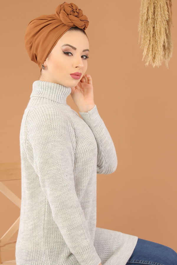 Düz Orta Kadın Gri Triko Tunik Siyah  - 8144 GRİ
