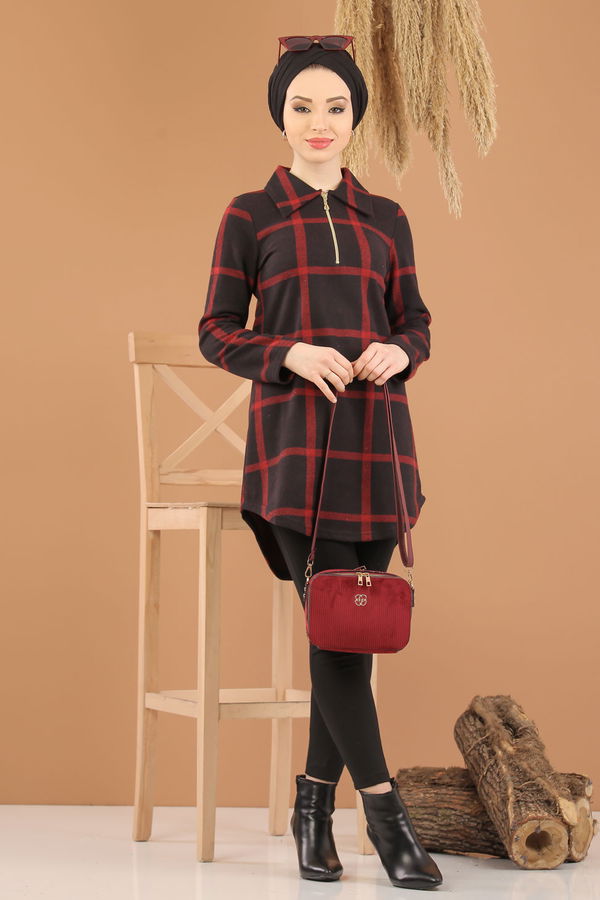 Düz Orta Kadın Bordo Fermuarlı Tunik Bordo - 5245 - 5245