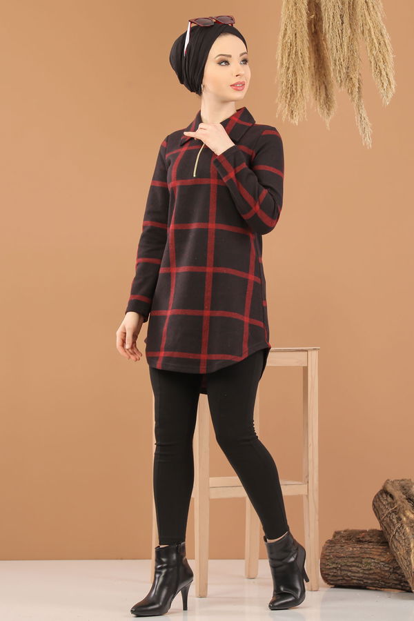 Düz Orta Kadın Bordo Fermuarlı Tunik Bordo - 5245 - 5245