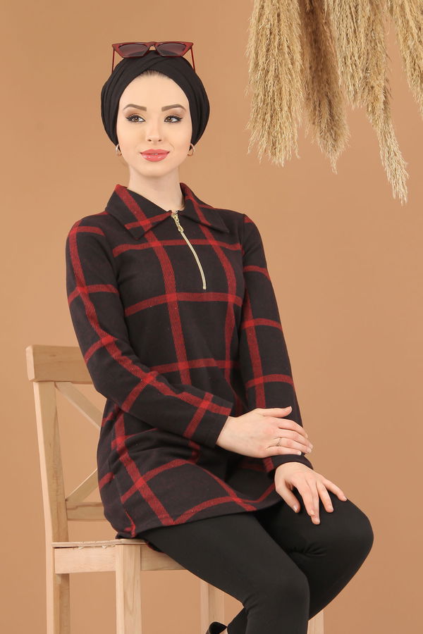 Düz Orta Kadın Bordo Fermuarlı Tunik Bordo - 5245 - 5245