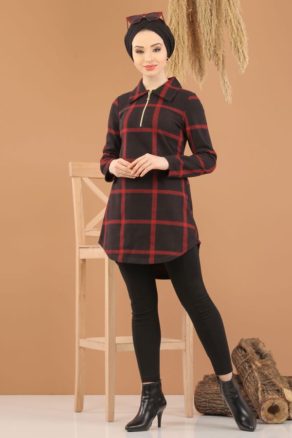 Düz Orta Kadın Bordo Fermuarlı Tunik Bordo - 5245 - 5245
