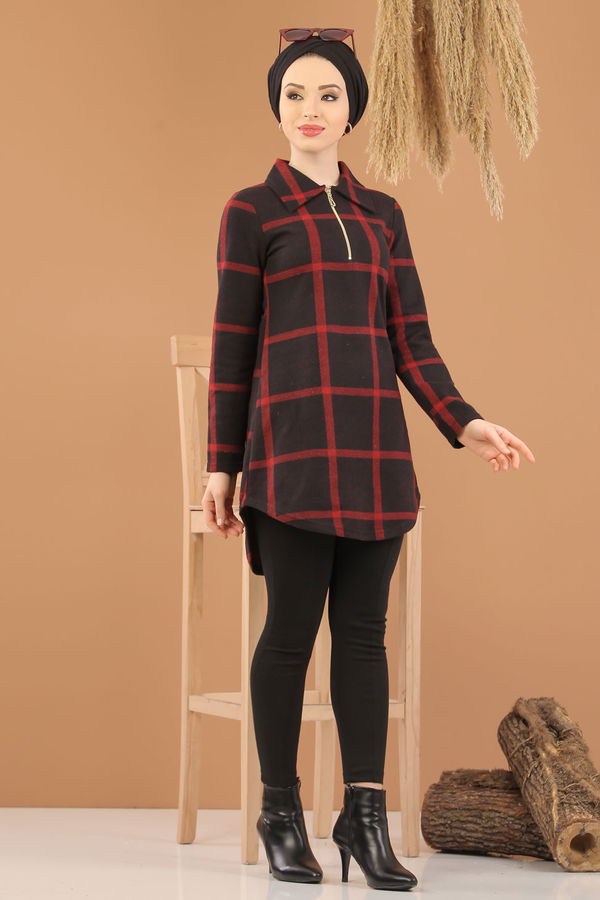 Düz Orta Kadın Bordo Fermuarlı Tunik Bordo - 5245 - 5245