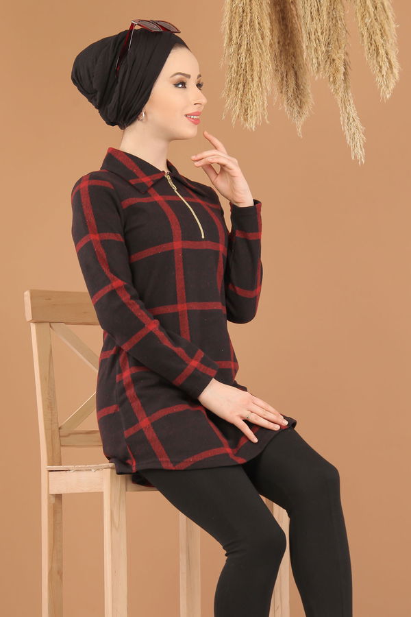 Düz Orta Kadın Bordo Fermuarlı Tunik Bordo - 5245 - 5245