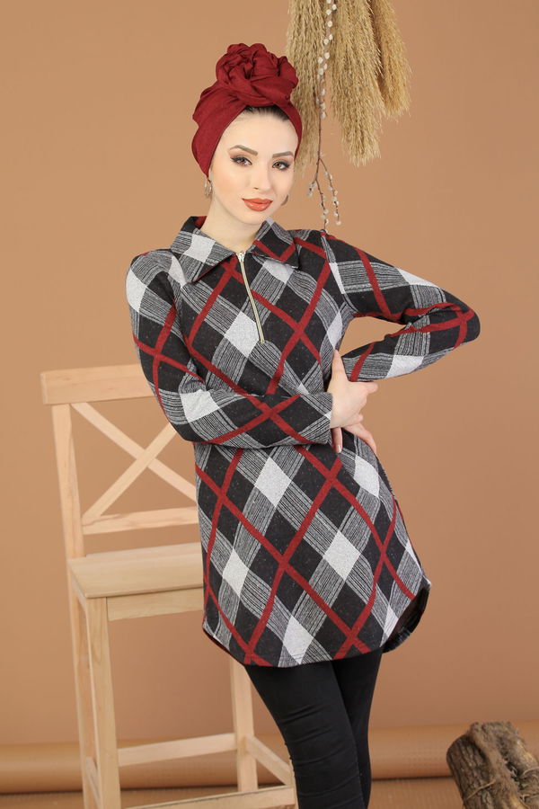 Düz Orta Kadın Bordo Fermuarlı Tunik Bordo - 5246 - 5246 BORDO