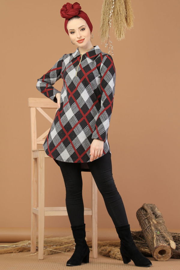 Düz Orta Kadın Bordo Fermuarlı Tunik Bordo - 5246 - 5246 BORDO