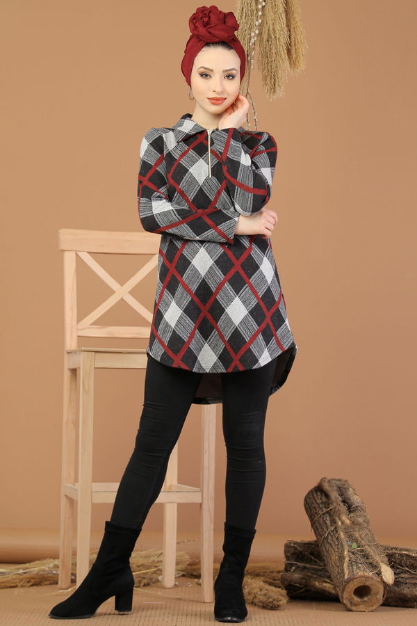 Düz Orta Kadın Bordo Fermuarlı Tunik Bordo - 5246 - 5246 BORDO