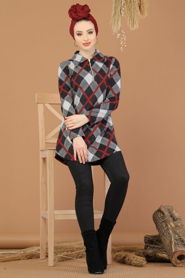 Düz Orta Kadın Bordo Fermuarlı Tunik Bordo - 5246 - 5246 BORDO