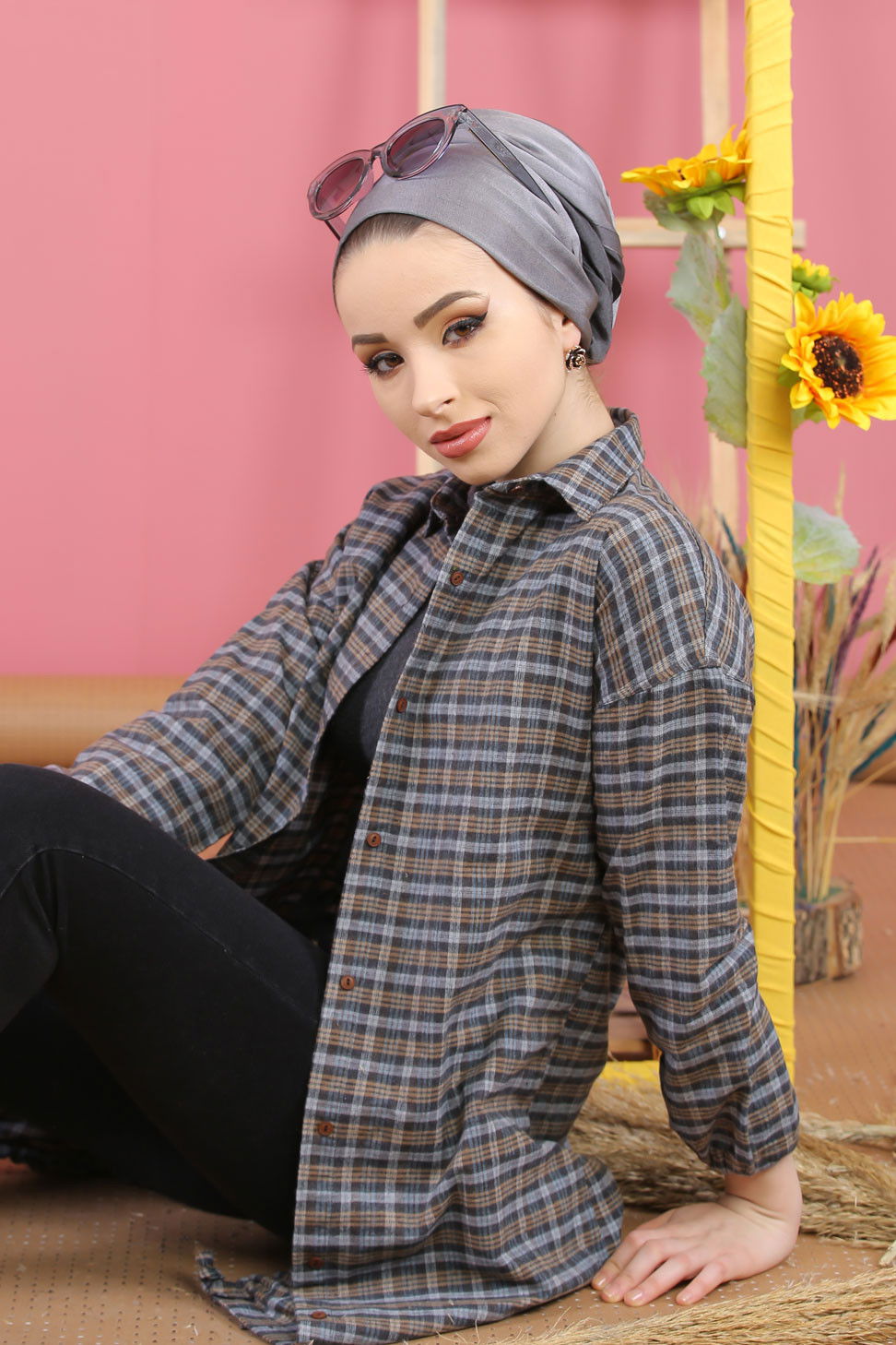 Düz Orta Kadın Vizon Ekose Tunik İpli Siyah Saks  - 7931 VİZON