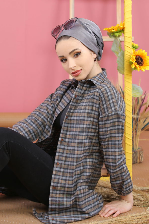Düz Orta Kadın Vizon Ekose Tunik İpli Siyah Saks  - 7931 VİZON