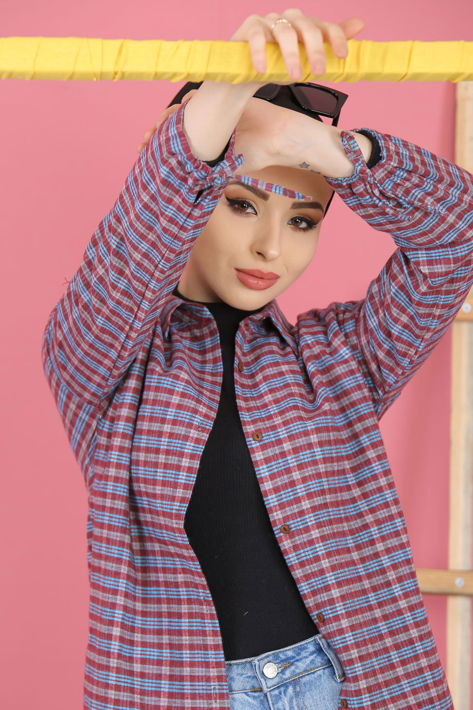 Düz Orta Kadın Bordo Ekose Tunik İpli Bordo Mavi - 7931 - 7931 BORDO