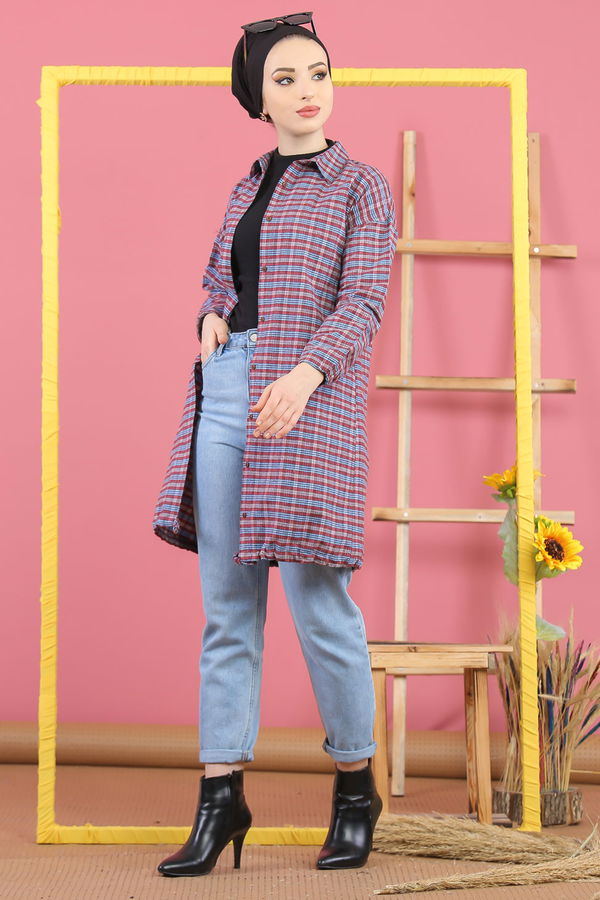Düz Orta Kadın Bordo Ekose Tunik İpli Bordo Mavi - 7931 - 7931 BORDO
