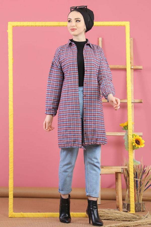 Düz Orta Kadın Bordo Ekose Tunik İpli Bordo Mavi - 7931 - 7931 BORDO