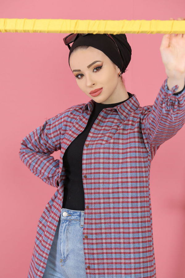 Düz Orta Kadın Bordo Ekose Tunik İpli Bordo Mavi - 7931 - 7931 BORDO