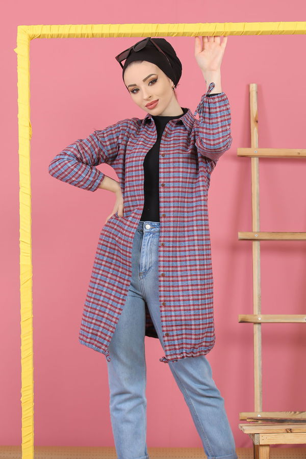 Düz Orta Kadın Bordo Ekose Tunik İpli Bordo Mavi - 7931 - 7931 BORDO