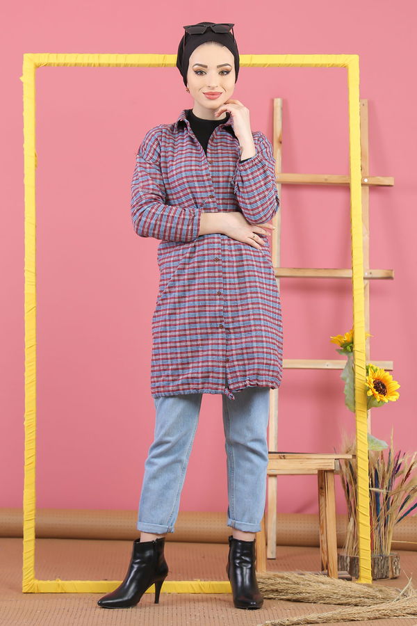 Düz Orta Kadın Bordo Ekose Tunik İpli Bordo Mavi - 7931 - 7931 BORDO