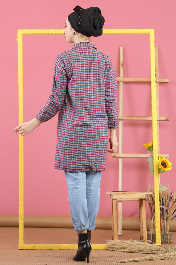 Düz Orta Kadın Bordo Ekose Tunik İpli Bordo Mavi - 7931 - 7931 BORDO