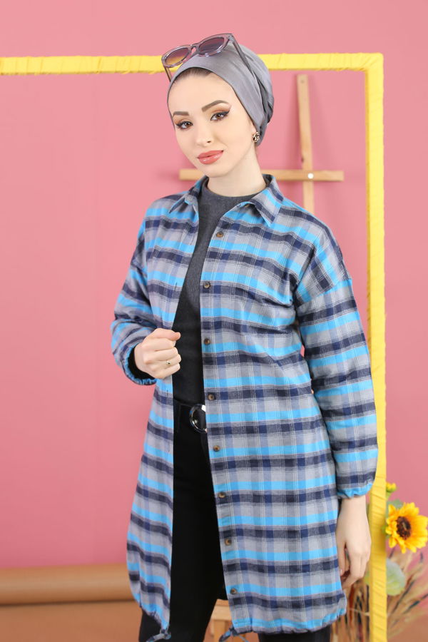 Düz Orta Kadın Mavi Ekose Tunik İpli Lacivert  - 7973 MAVİ