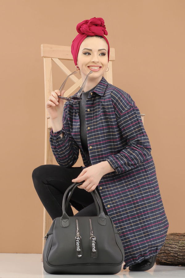 Düz Orta Kadın Lacivert Ekose Tunik İpli Lacivert  - 8129