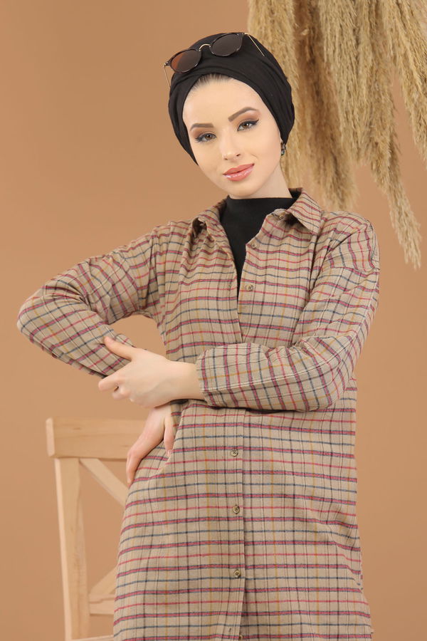 Düz Orta Kadın Vizon Ekose Tunik İpli Lacivert  - 8129 VİZON