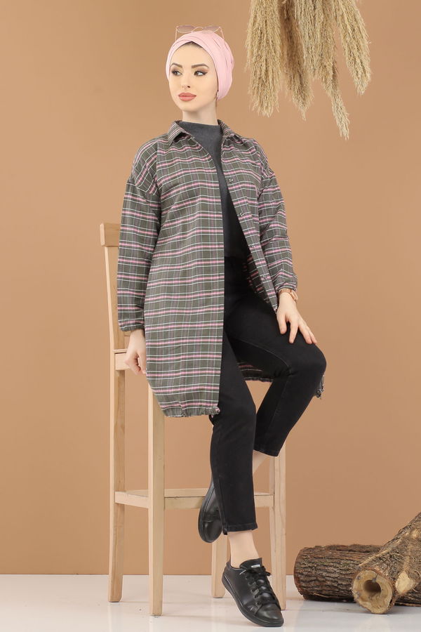 Düz Orta Kadın Haki Ekose Tunik İpli Haki  - 8285 HAKİ