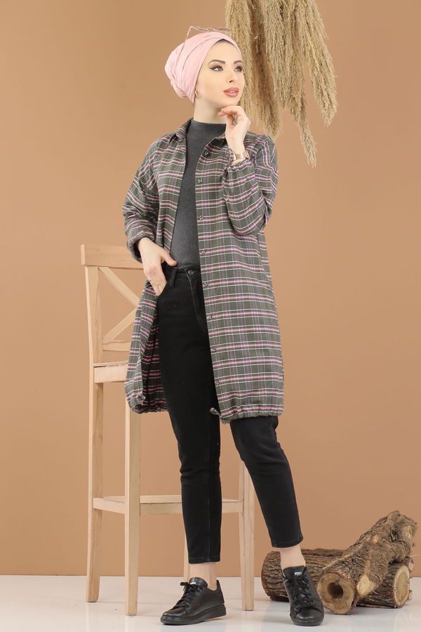 Düz Orta Kadın Haki Ekose Tunik İpli Haki  - 8285 HAKİ