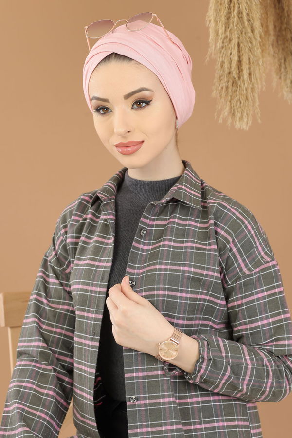 Düz Orta Kadın Haki Ekose Tunik İpli Haki  - 8285 HAKİ