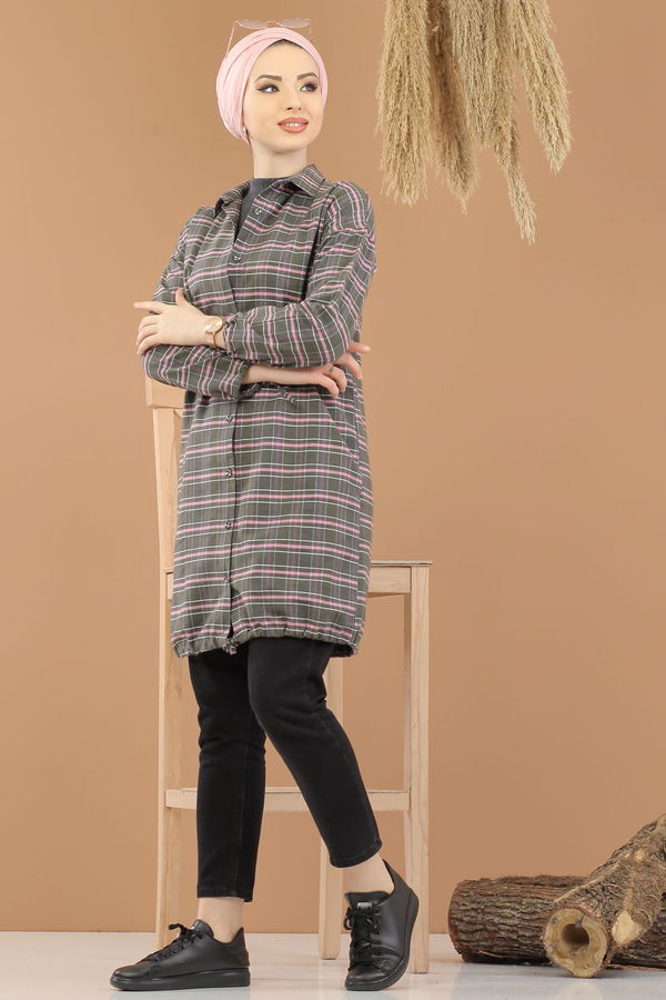 Düz Orta Kadın Haki Ekose Tunik İpli Haki  - 8285 HAKİ