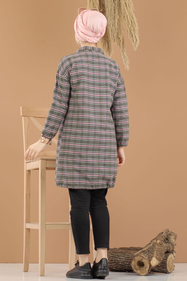 Düz Orta Kadın Haki Ekose Tunik İpli Haki  - 8285 HAKİ
